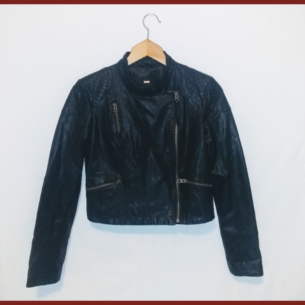 Free People Vegan Moto Biker Black Cropped Jacket